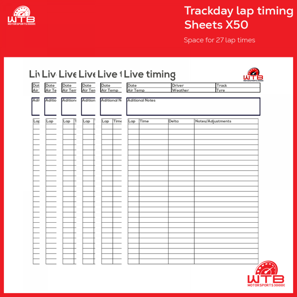 Track day/Motorsport Lap Timing Sheets Pack of 20 A4 sheets WTB Motorsports